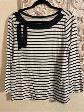 LOFT Navy and White Striped Long Sleeve Top with Neck Tie